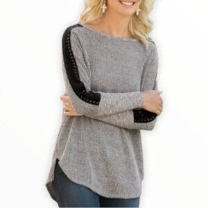 Soft Surroundings EUC Bailey grey thermal knit eyelet casual top size MP